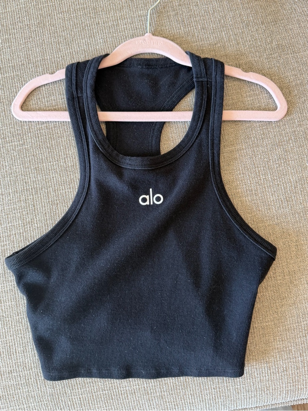 ALO Yoga Black Ribbed Racerback Crop Tank with White Logo